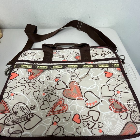 Le Sportsac computer messeger bag 11 x 15 hearts pink brown - Picture 2 of 11